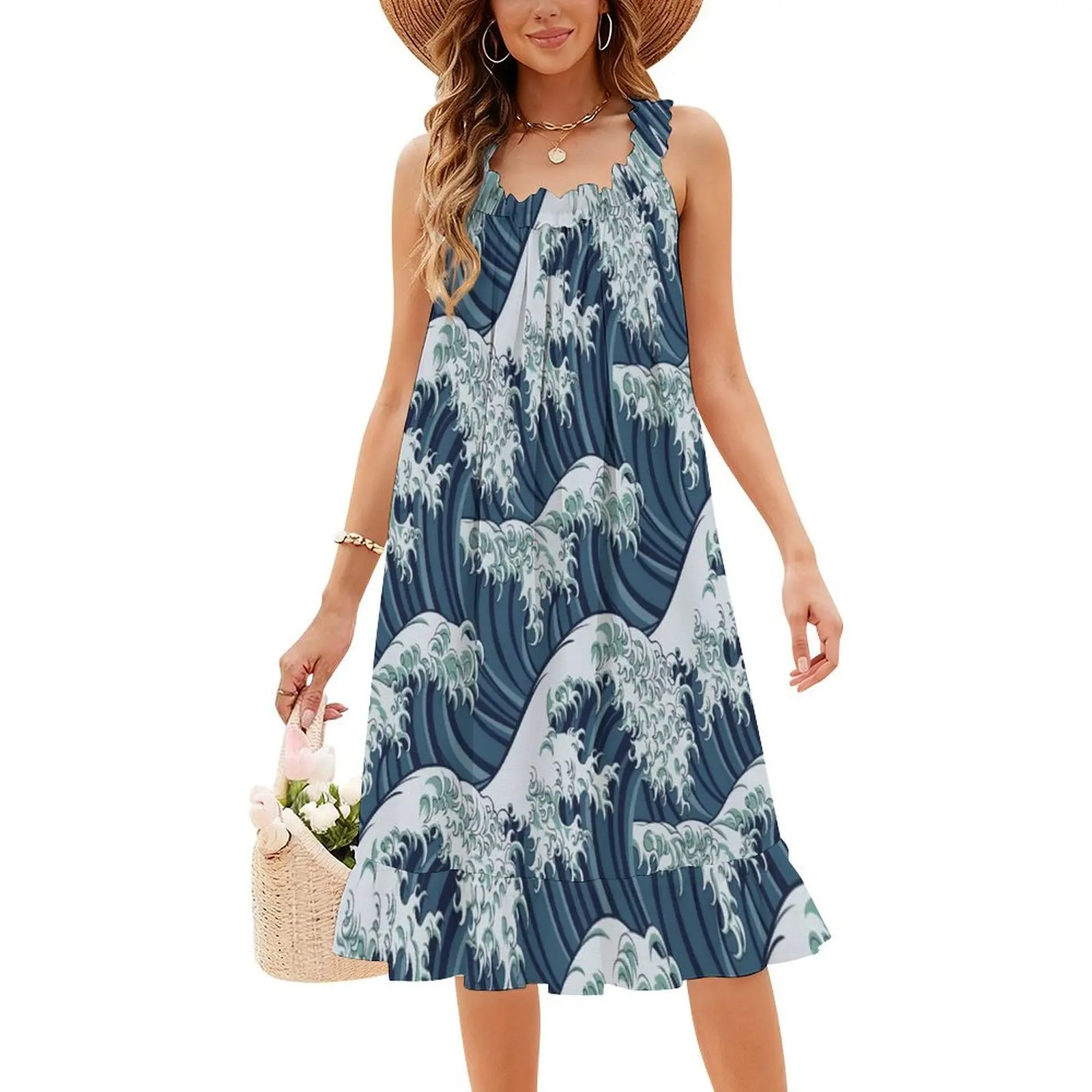 فستان ياباني بنمط موجة رائعة بتصميم بوهو أنيق أنيق لحفلات الزفاف على الشاطئ ياباني ياباني موجة عظيمة للمحيط