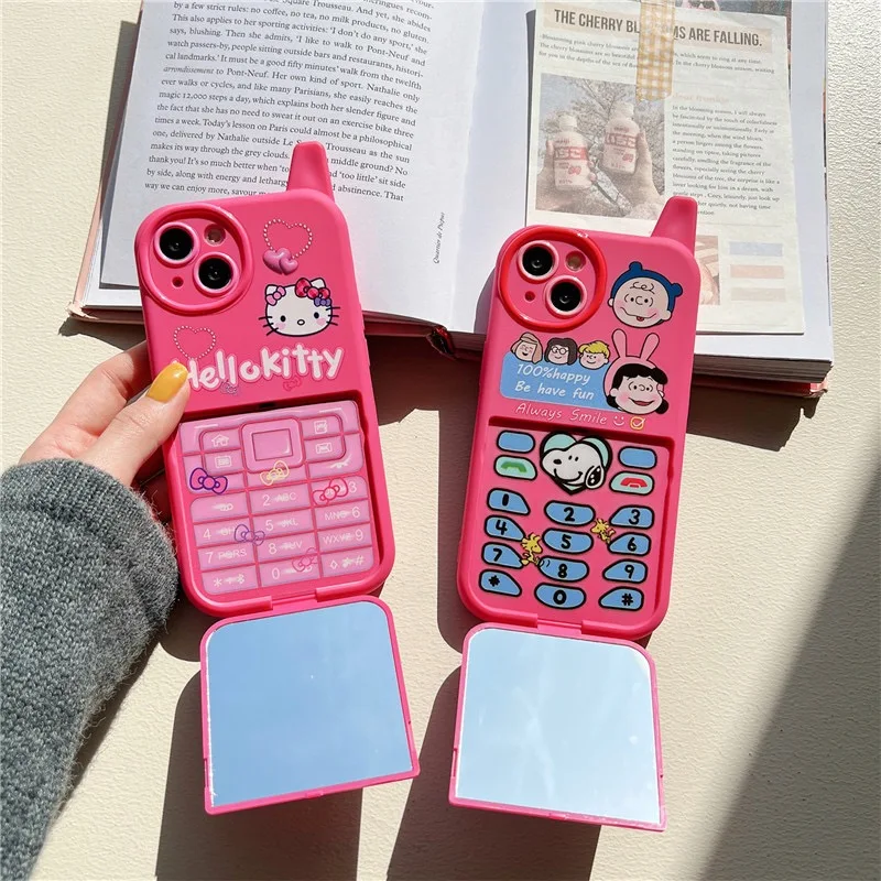 Cute Pink Hello Kitty Funny Snoopy Model Flip Mirror Holder Phone Cases For iPhone 11 12 13 14 15Pro Max Big Brother Case