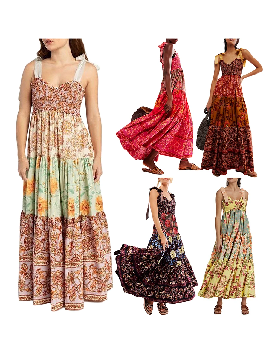 Abito da donna Cami con stampa floreale spalline allacciate abito senza maniche abito lungo abito estivo grande Swing a-line abito elegante allentato