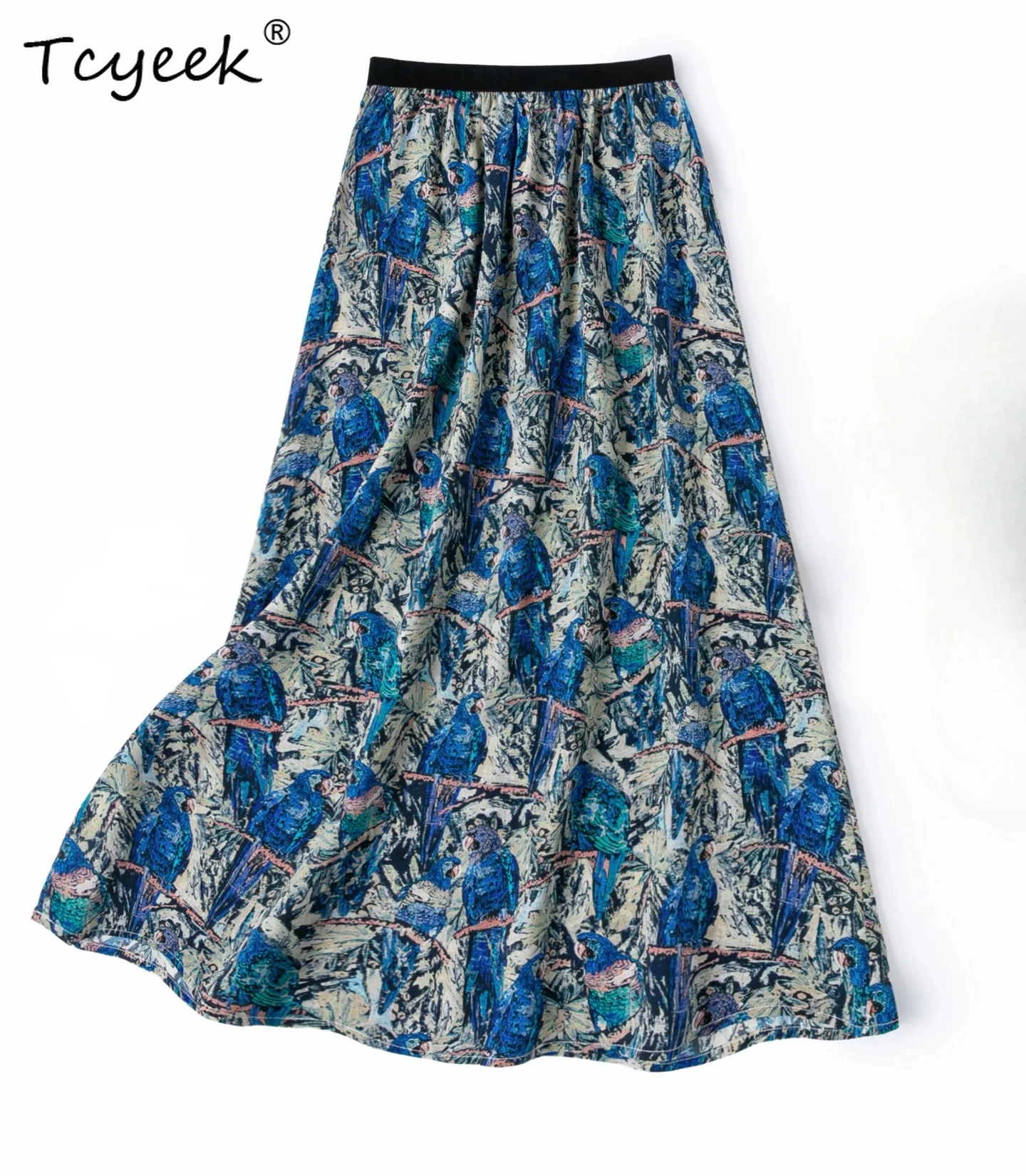 Tcyeek 100% Real Silk Womens Skirts 2026 Fashion Elegant Skirt for Woman Print Beach Skirt Summer Clothes Faldones Para Mujer