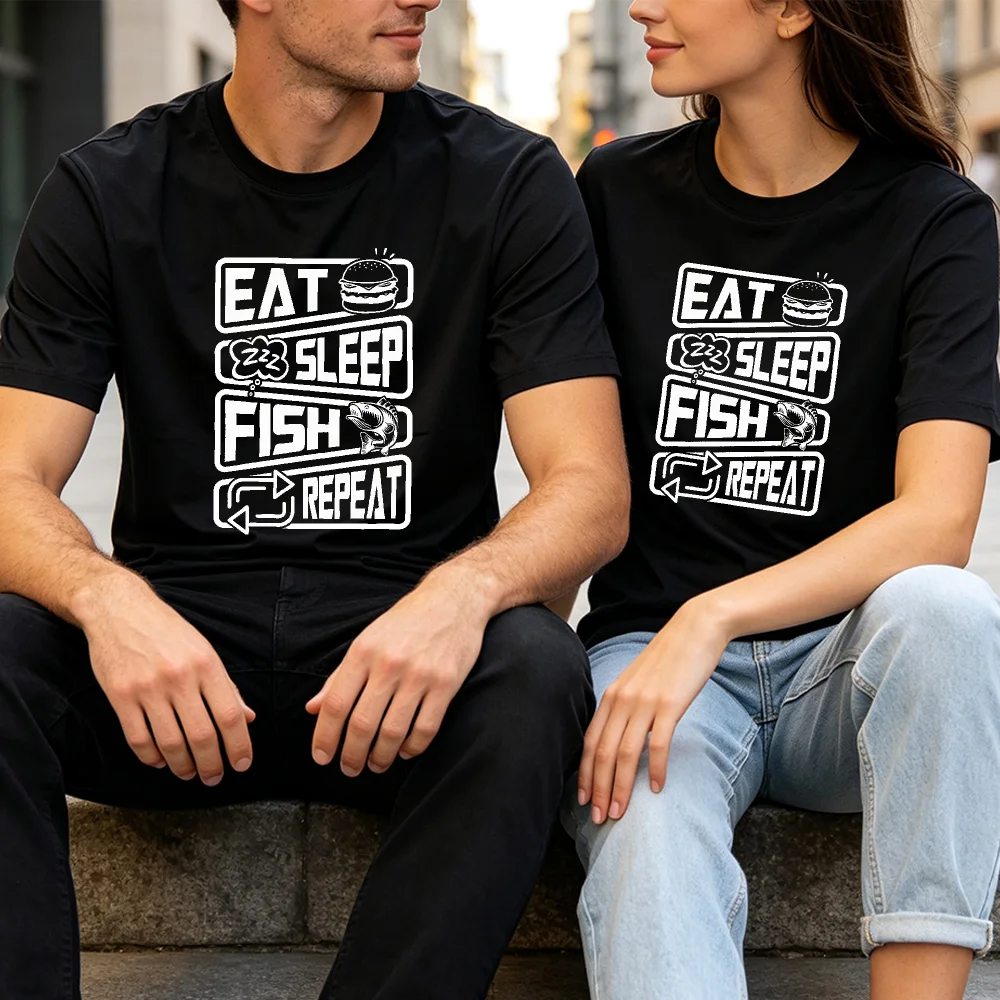EAT SLEEP FISH REPEAT Graphic Print Unisex Short Sleeve Tee Burger Fish Pattern Funny Fisherman Design Casual Daily Male Top