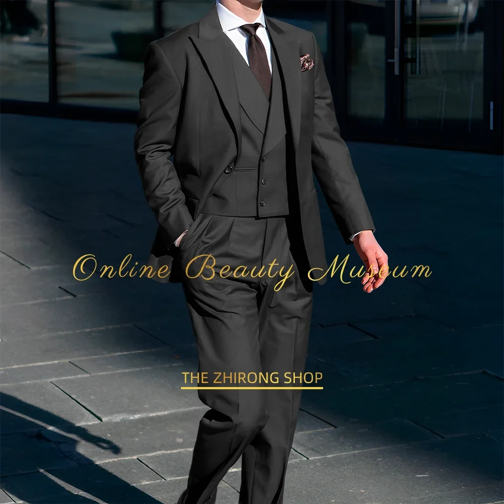 

Dark gray formal suit for men 3pcs peak lapel blazer vest pants set for business meeting wedding groom date prom party handmade