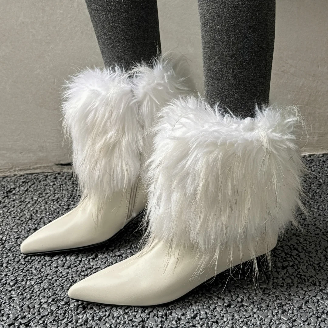 

Women's genuine leather wool patchwork pointed toe side zip autumn ankle boots elegant ladies 3cm kitten heel dress short boots