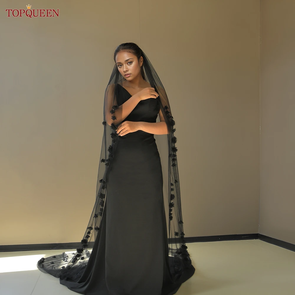 

TOPQUEEN Bridal Black Veil With 3d Flowers Cathedral Wedding Veil 3M Luxurious Billowing Handmade Parquet Organza Flower v251