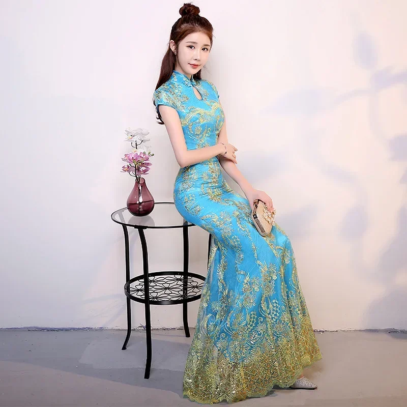 Light Blue Wedding Party Women Dress China Style Elegant Banquet Long Qipao Oriental Female Slim Prom Cheongsam Vestido S-4XL