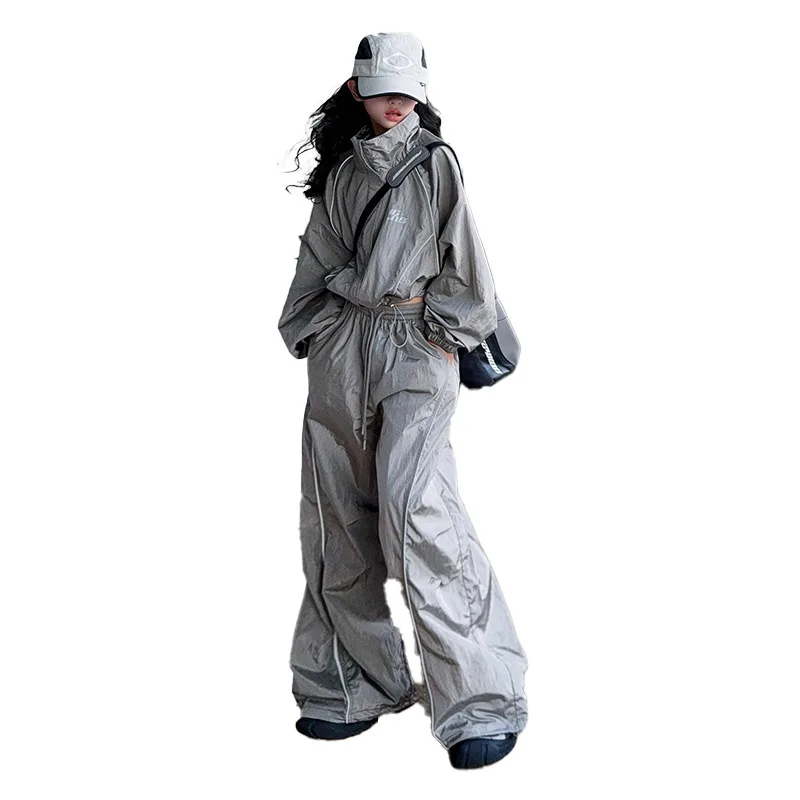 

junior kids sport suit Reflective jacket+wide leg pants 2pcs teen girls Jazz Hip Hop Street Dance clothes Set child outfits