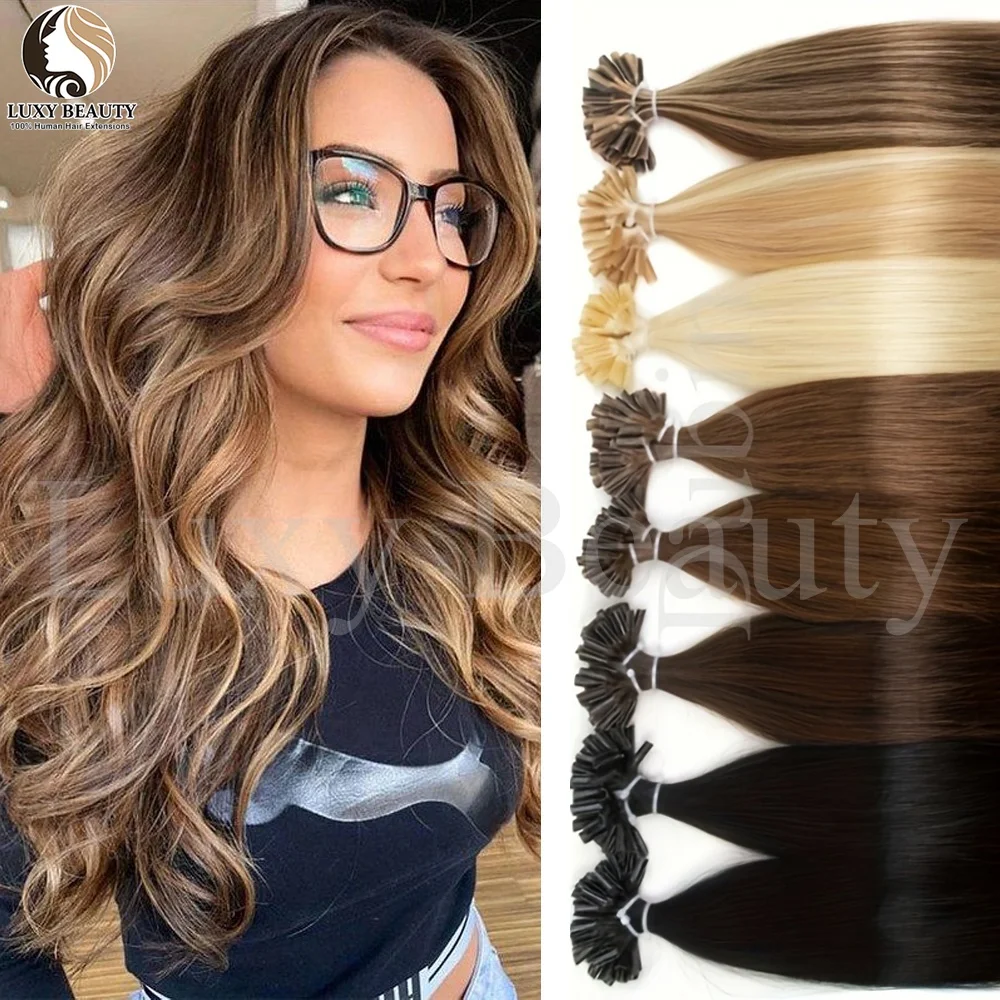Extensiones de Cabello Humano Balayage Marrón con Punta en U, Extensiones de Cabello con Punta de Queratina, Extensiones de Cabello con Fusión en Caliente, Cabello Pre-Adherido Negro y Rubio, 50 Piezas