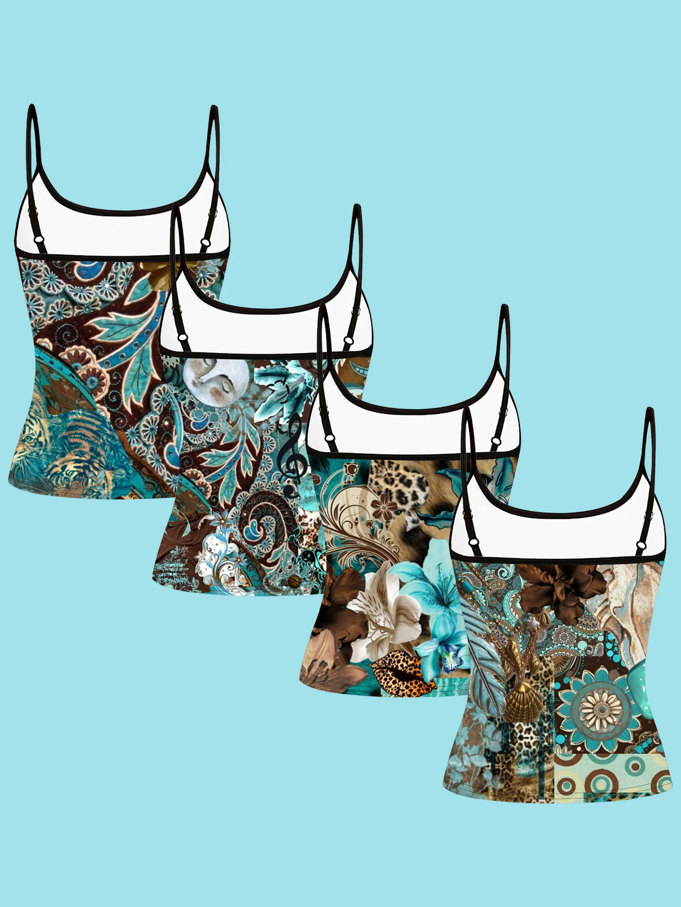 4-Piece Set of Women's Vintage Brown and Green Color-Blocked Ethnic Style Floral Moon Leopard Print Spaghetti Strap Camisole Slim Fit Inner Layering Top