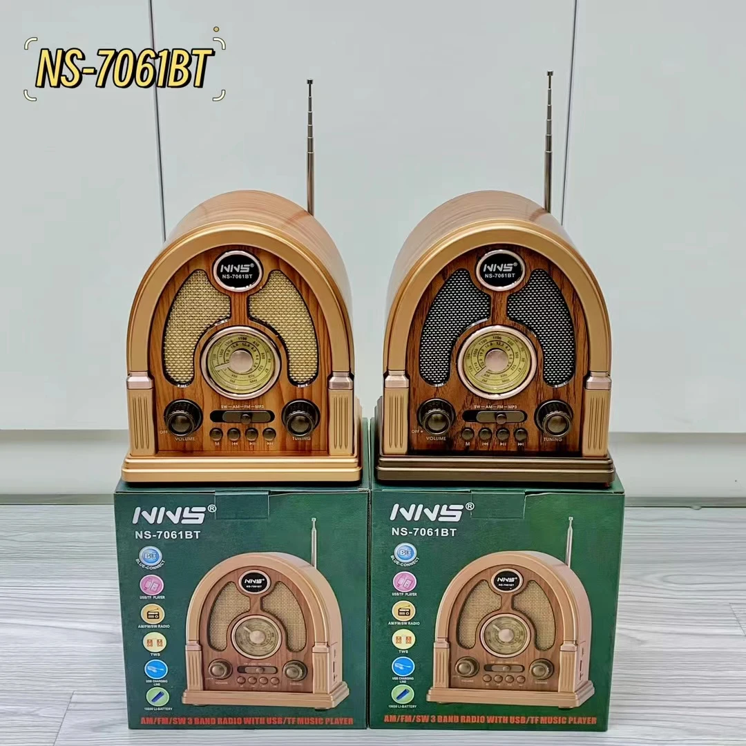 جديد خمر خشبية NS-7061BT مكبر الصوت اللاسلكي المحمولة 3-الفرقة هوائي خارجي راديو FM بطاقة USB مكبرات الصوت مشغل قابلة للشحن