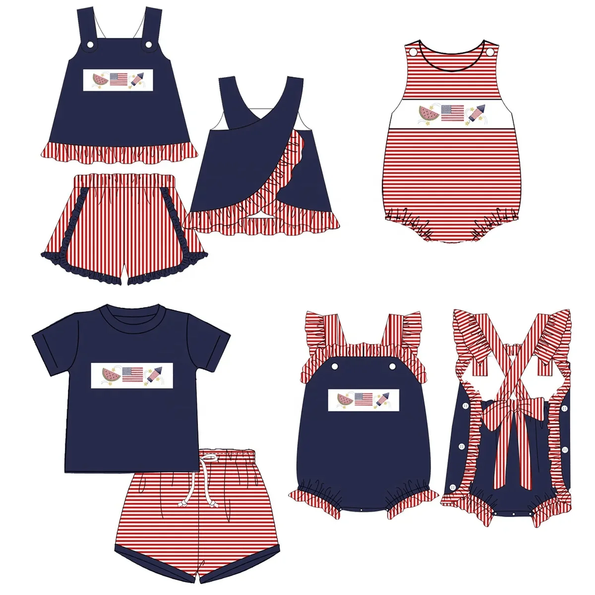 

Summer Sibling Outfits 4th of July clothing collection Watermelon Flag Fireworks Pattern Short Sleeve Set newborn baby clothing