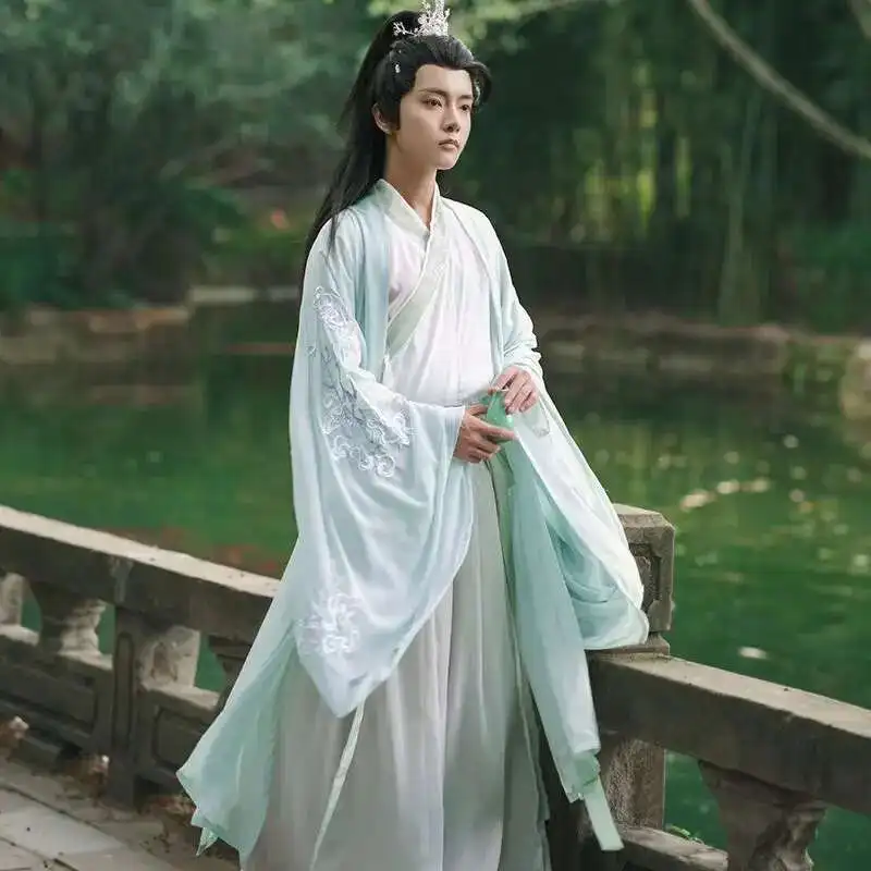 ハロウィンコス衣装古代漢服ブルー-ホワイトシャツ-スカートセット大サイズ-3xl-漢服男性中国の伝統的なコスプレ衣装