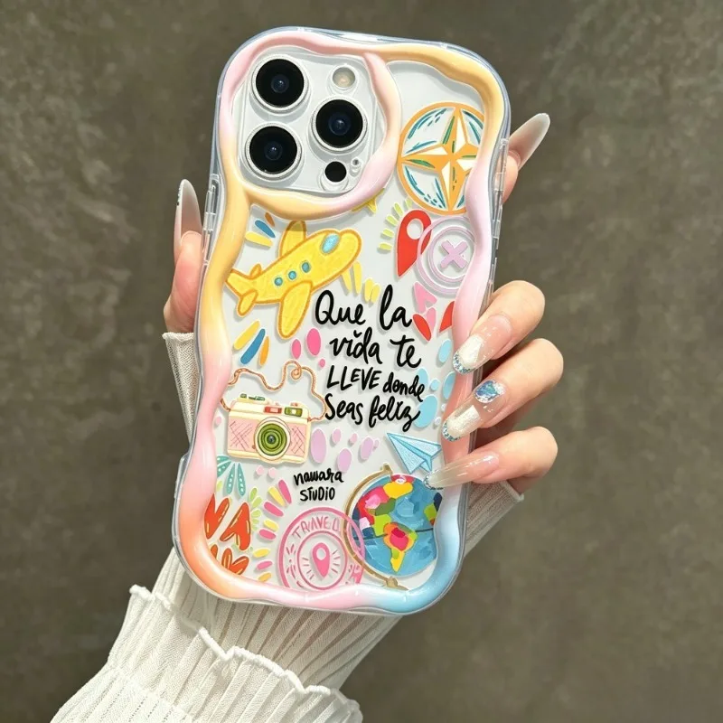 Graffiti Travel Airplane Pattern Phone Case For iPhone 18 17 16 15 14 Plus 13 12 11 Pro Max 16e 17e Transparent Wave Soft Cover