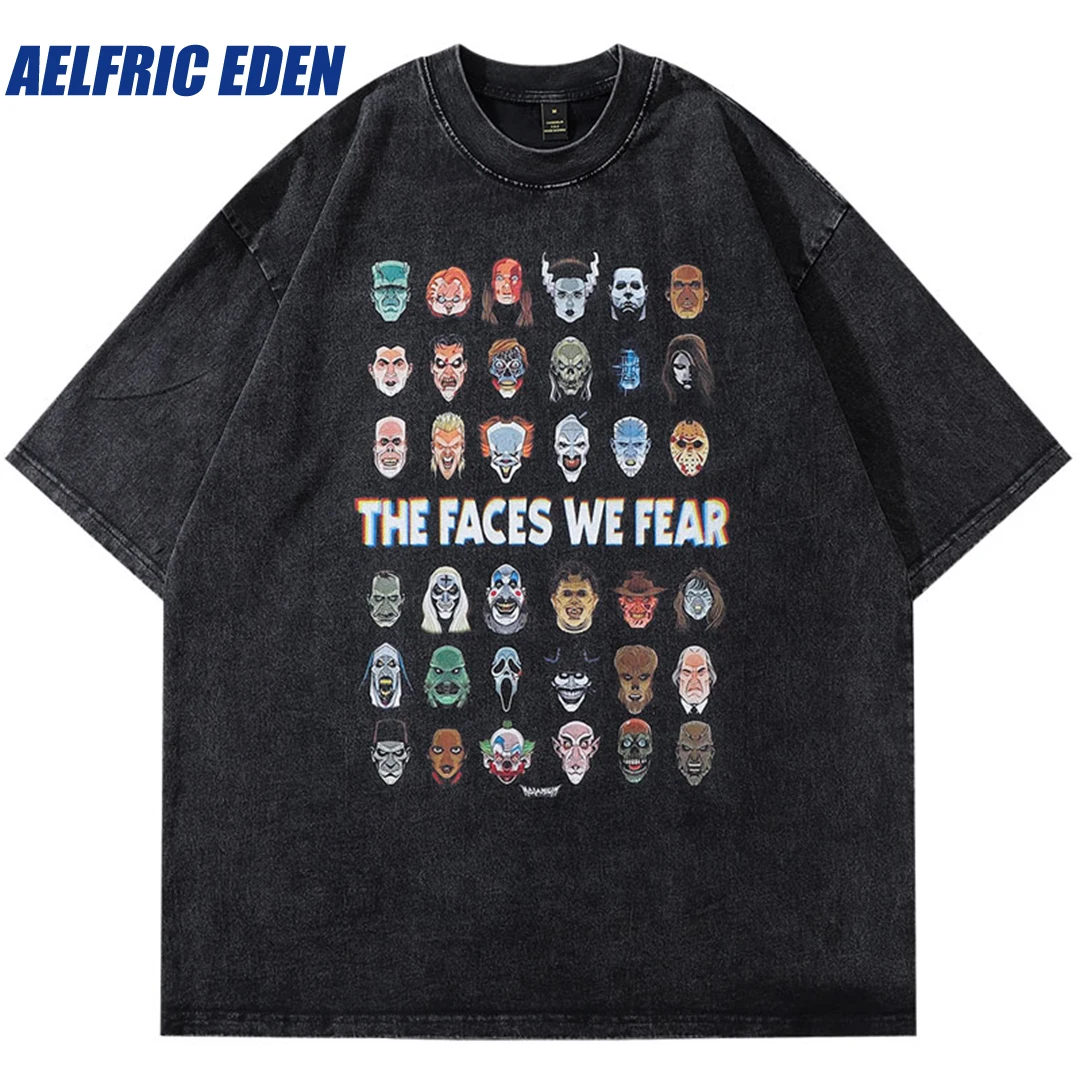 

Aelfric Eden Anime Cartoon Faces Print Punk Gothic Tshirt Hip Hop Vintage T Shirt Men Harajuku Japanese 2023 Men Washed Tee Tops