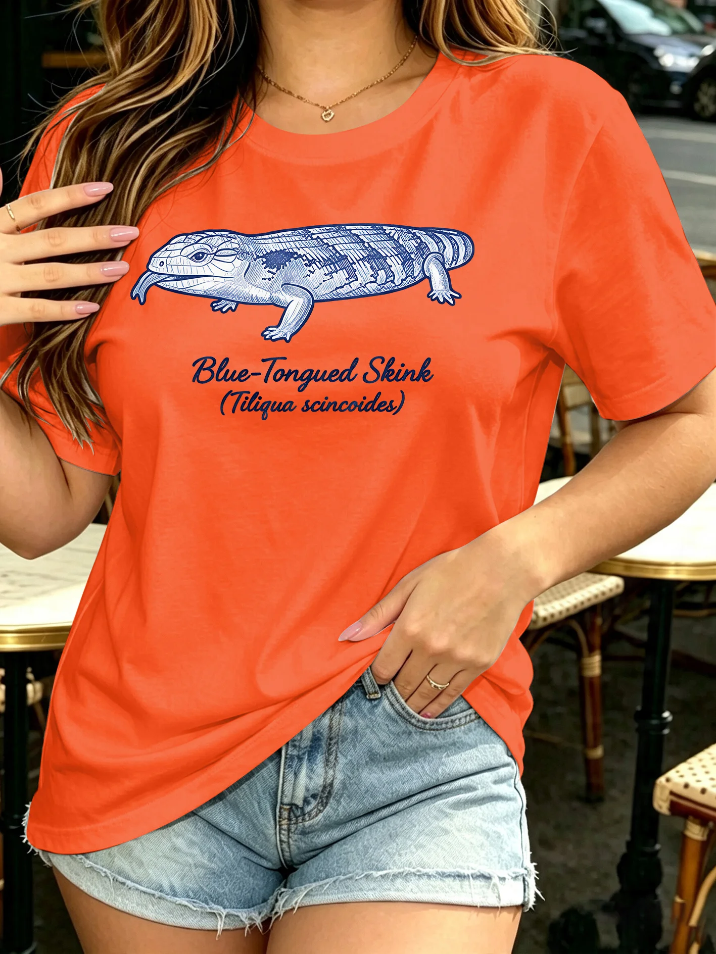 Ladies' Elegant Short Sleeved Blue Tongue Stone Dragon Sketch Printed Round Neck T-shirt Fashionable  Comfortable Casual T-shirt