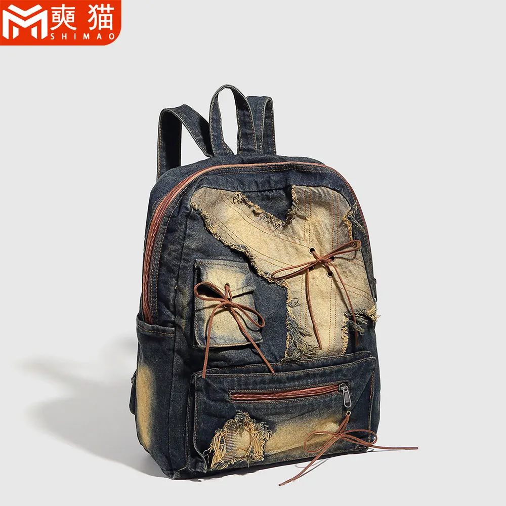 Vintage Washed Denim Backpack Woman Man Hot Girls Boys Student Butterfly Travel Large Capacity Commuting Denim Backpack