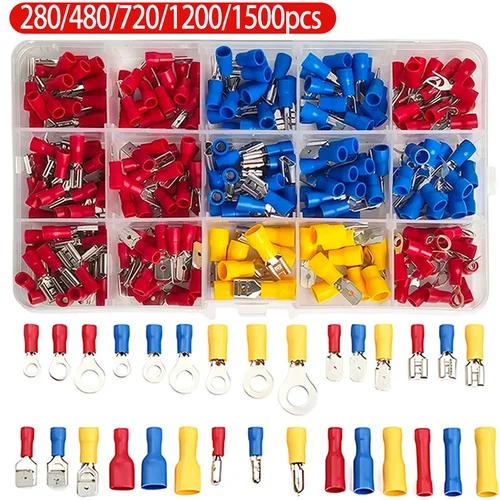 Imagen 1 del producto Caja de variedad de terminales aislados prensados en frío, conectores de pala/a tope/anillo para reparación de arnés automotriz, 280/480/720/1200 Uds. 