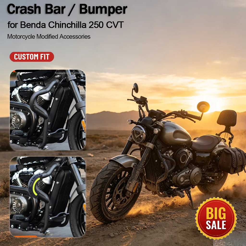 Crash Bar Bumper Backrest Foot Pegs Quick‑Release Waterproof Canvas Side Bags for Benda Chinchilla 250 CVT Motorcycle Accessorie