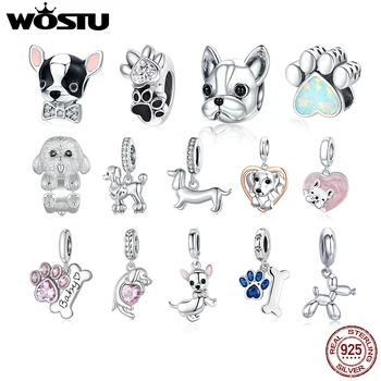 WOSTU สุนัข Charms 925 เงินสเตอร์ลิง Zirconia สัตว์ Pooch Doggy Bulldog ลูกปัดพอดีสร้อยข้อมือเดิมจี้ DIY เครื่องประดับ