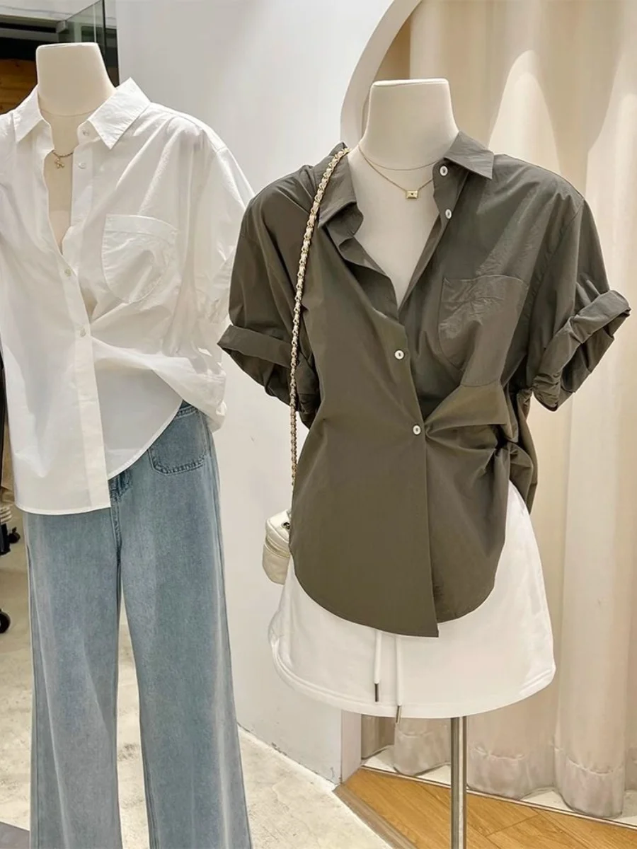 

Elegant Korean Design Pure Cotton Short Sleeve Women's Shirt Summer New Style Pleated Asymmetrical Commute Fashion Top