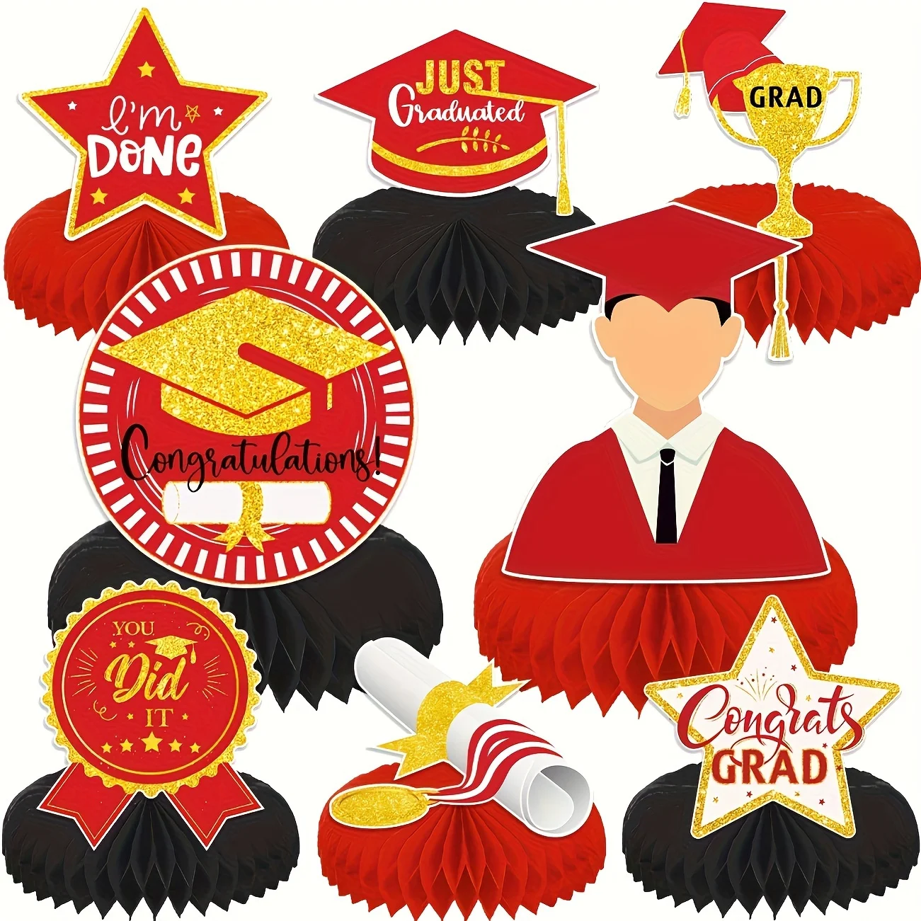 8PCS Class of 2025 Graduation Honeycomb Centerpieces 2025 Congrats Grad Table Centerpieces Red Black Congratulate Graduation