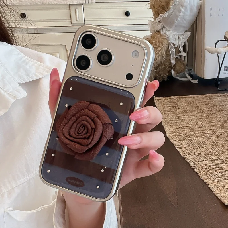 

Fashion Plating Blue Gray Stripes Phone Case For iPhone 17 Pro 16 15 14 Pro Max Cover with Flower Stand Protective Cases Cute Fu