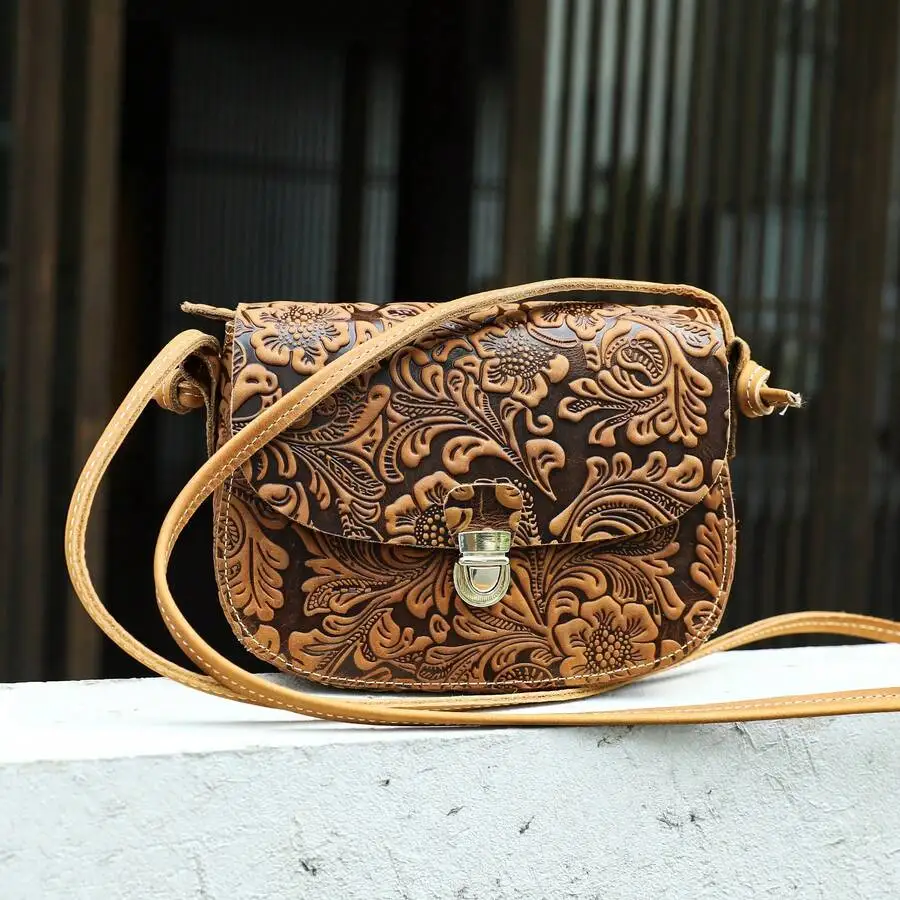 Vintage Crazy Horse Leather Shoulder Crossbody Bag, Leather Saddle Bag, Cell Phone Bag, Embossed Craftsmanship