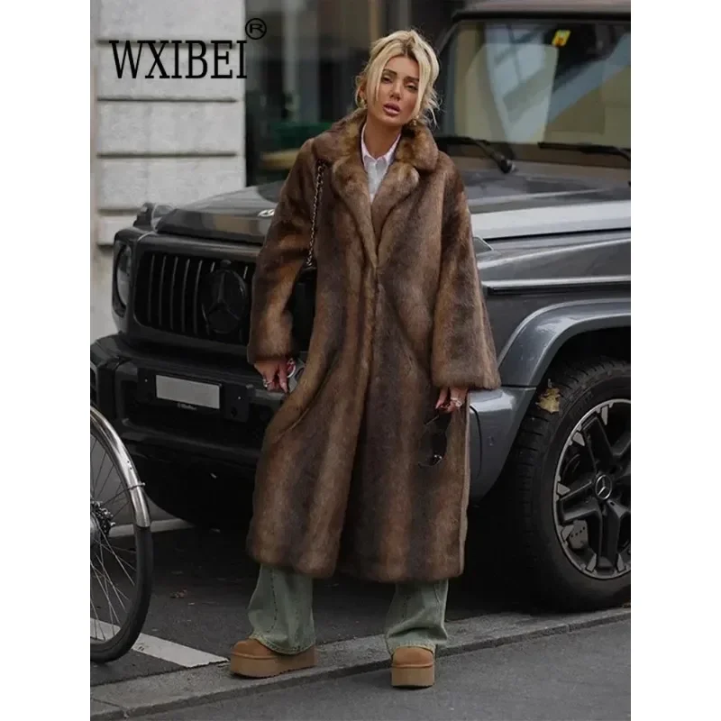 Women's Dark Brown Faux Fur Long Overcoat Single Breasted Fleece Long Trench Coat Winter Fluffy Plush Warm New Thicken Outerwear