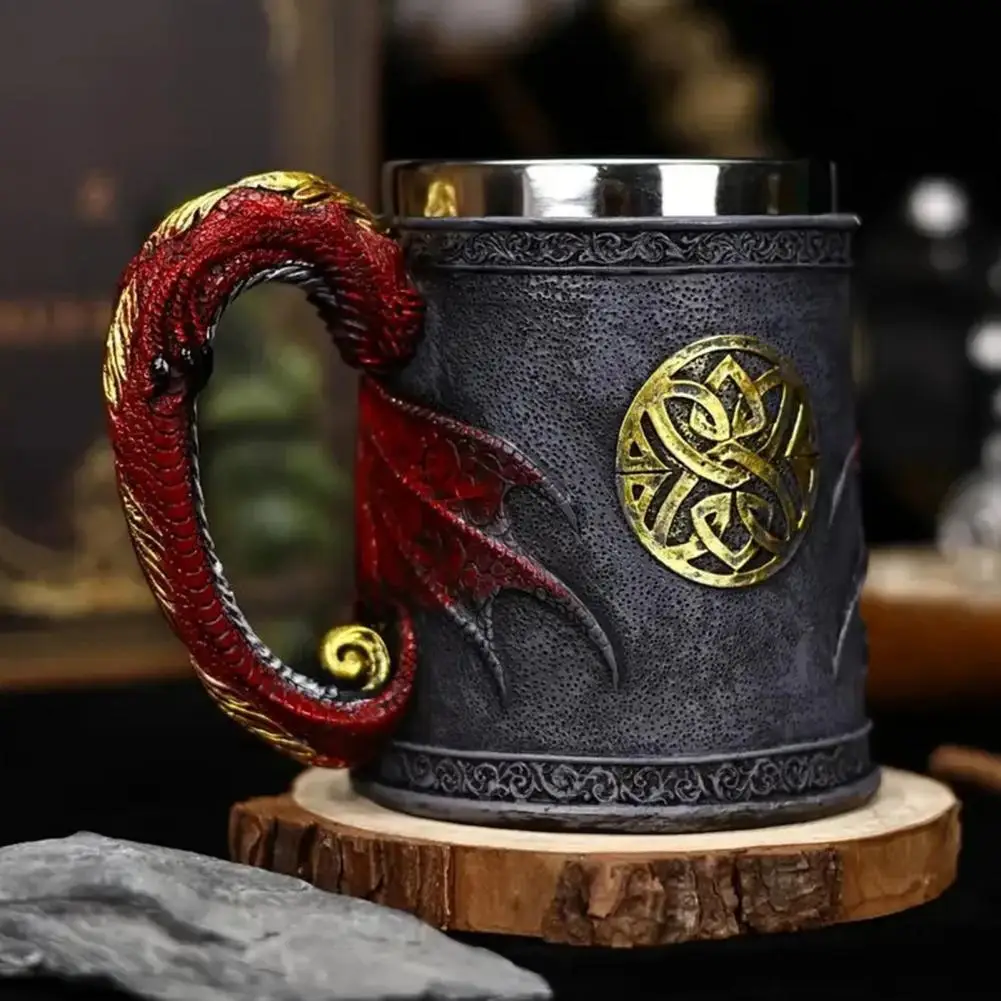 600ml Dragon Guardian Mug Resin Stainless Steel Beer Mug Retro Tankard Coffee Cup Tea Tumbler for Bar Accessory