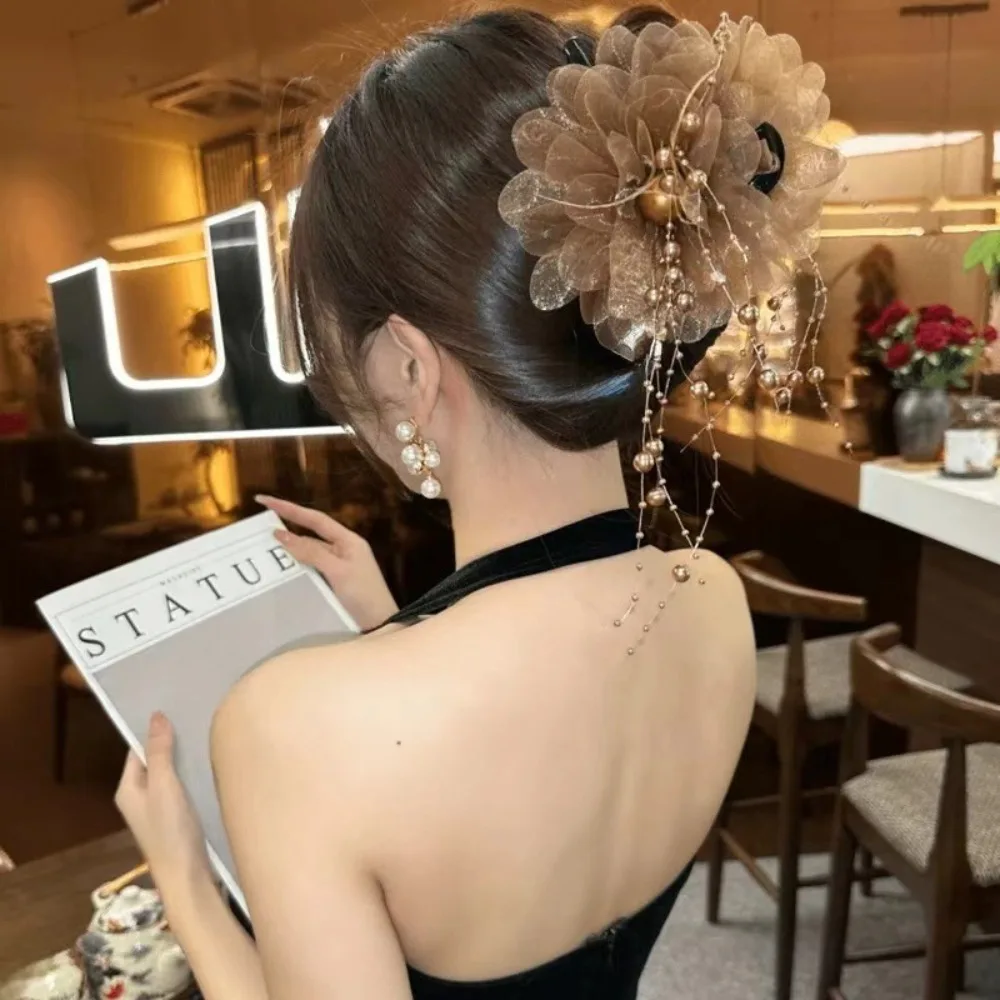 Elegant Peony Flower Grasping Clip Sequin Plastic Flower Hairgrips Tassel Shark Clip Women