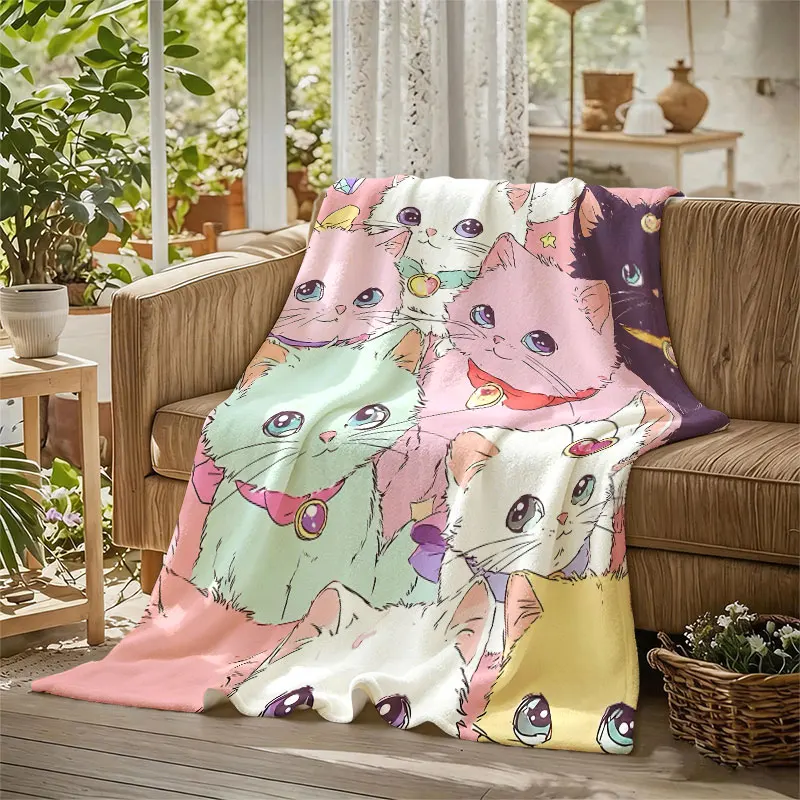 Anime Cats Pink Diamonds Flannel Blanket Perfect for Sofa Office Bed Travel Sleep Read Relax Camping Four Season Use