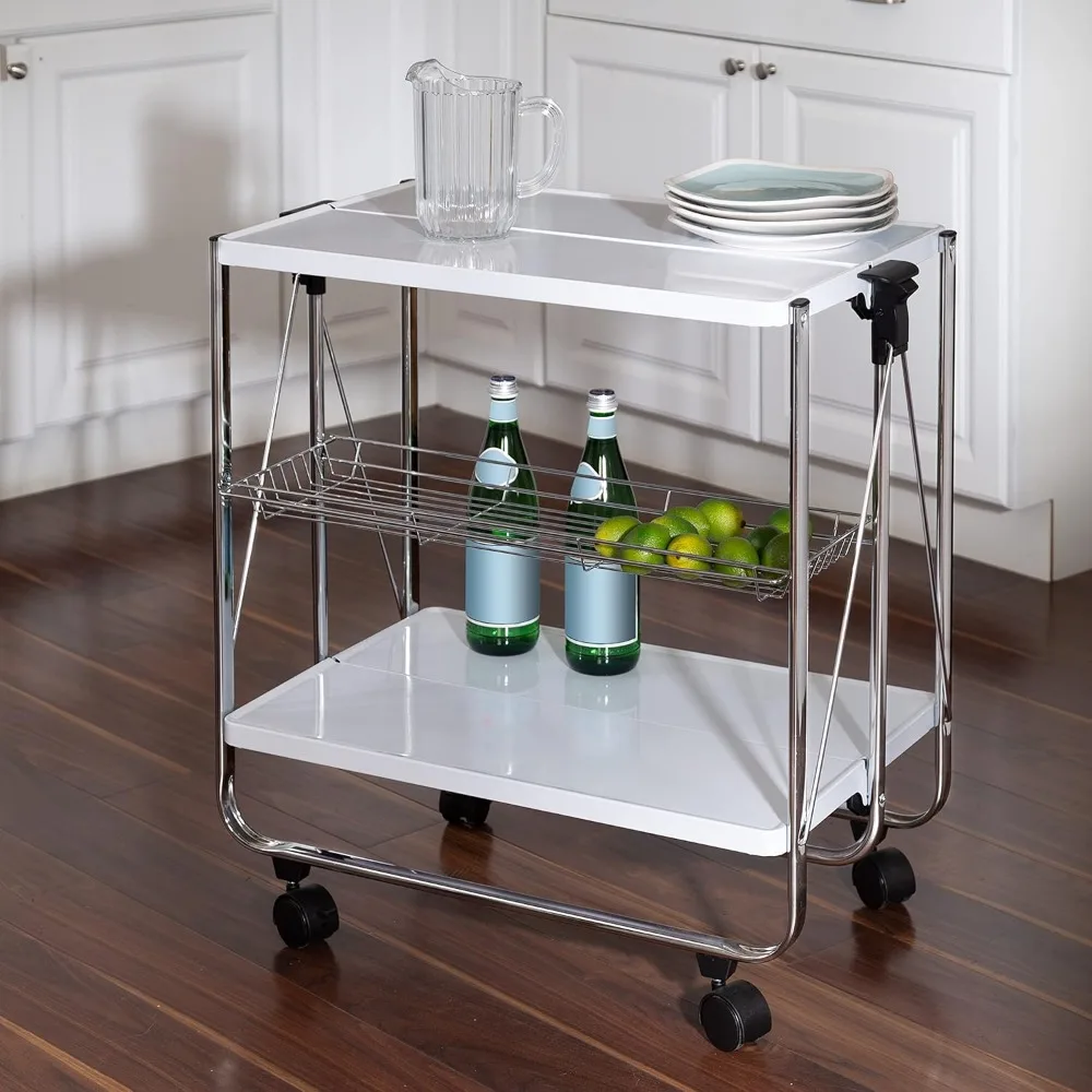 Modern Folding Kitchen Cart with Wheels and Metal Basket