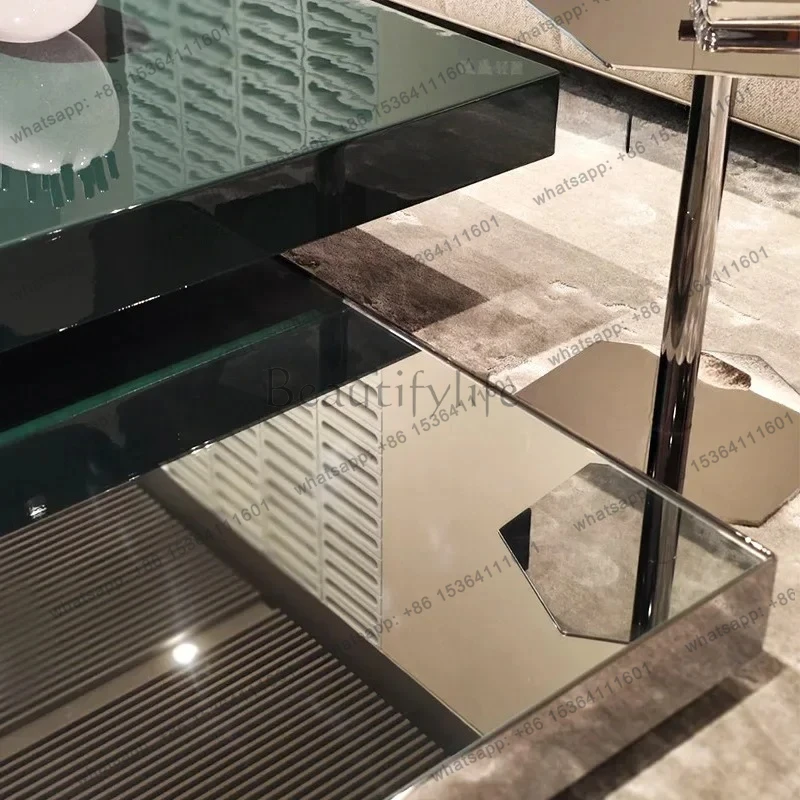 Italian light luxury mirror stainless steel coffee table living room villa modern high-end creative double-layer tea table