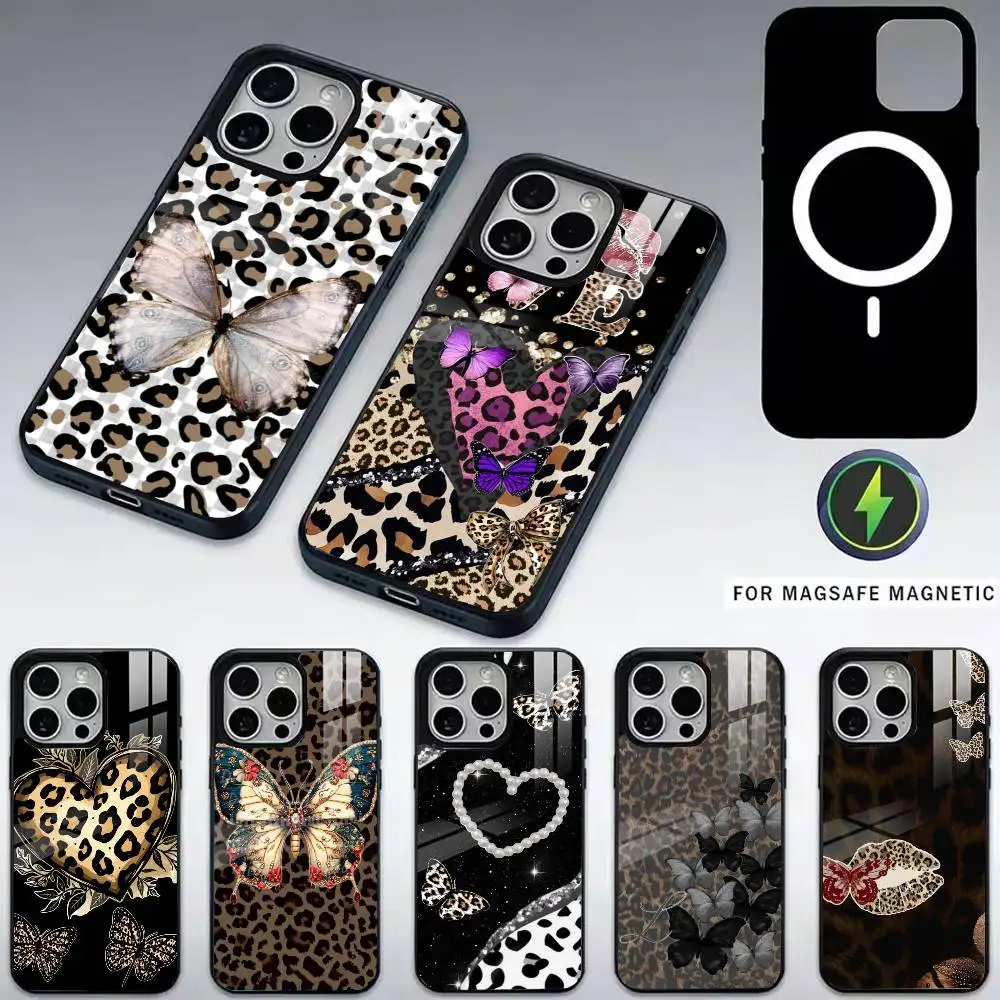 

Butterfly L-Leopard Phone Case For iPhone17,16,15,14,13,12,11 Plus,Pro Magnetic with Magsafe Wireless Charging