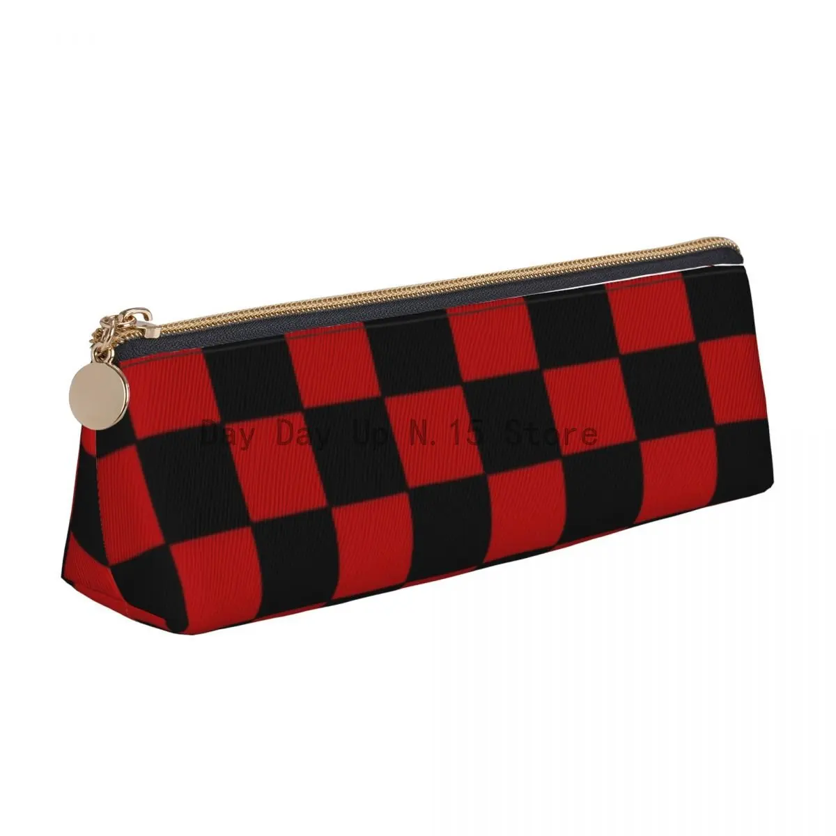 Retro Checkerboard Triangle Pencil Case Checkers Black Red University Print Pencil Box Girls Boys Kawaii Leather Pen Organizer