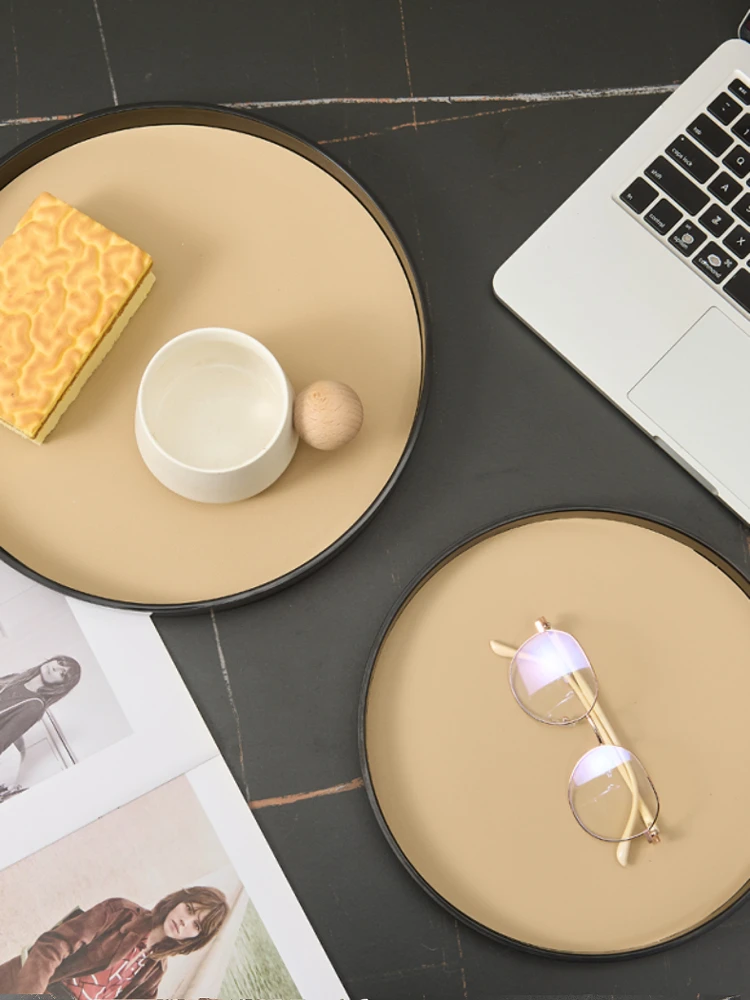 

Luxury Leather Decorative Tray round Melne Tea Tray Cup Storage Plastic Display Nordic Sle Home Use Dining Table Centerp...