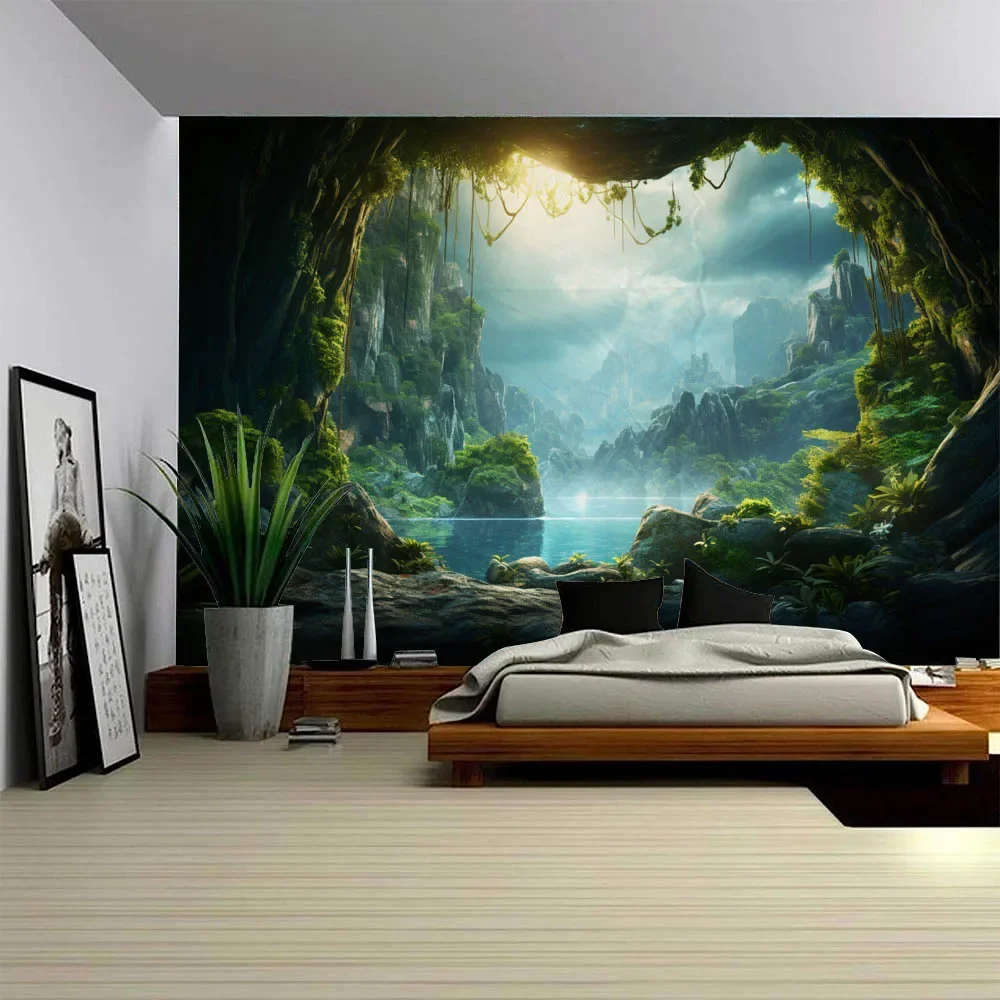 Jungle Stone Cave Landscape Tapestry Sunshine Forest Wall Hanging Living Room Bedroom Dormitory Decoration Background Cloth