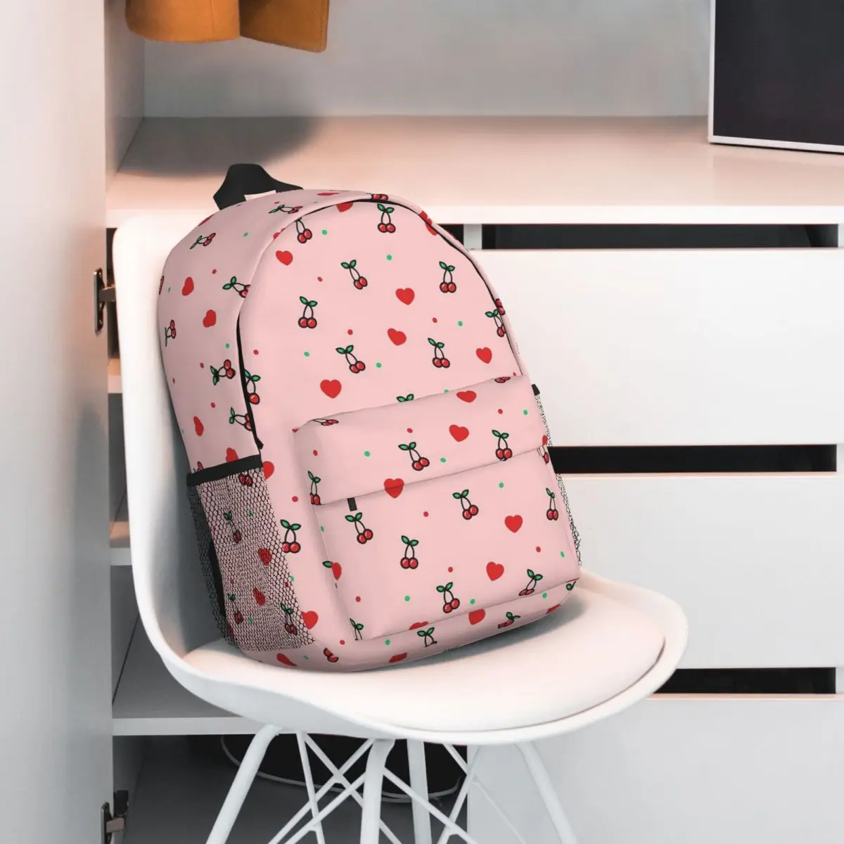 Cherry Heart Design Pattern With Pink Background Backpack Hot Sale Daypack Large Capacity BookBag Shoulder Bags School Bag