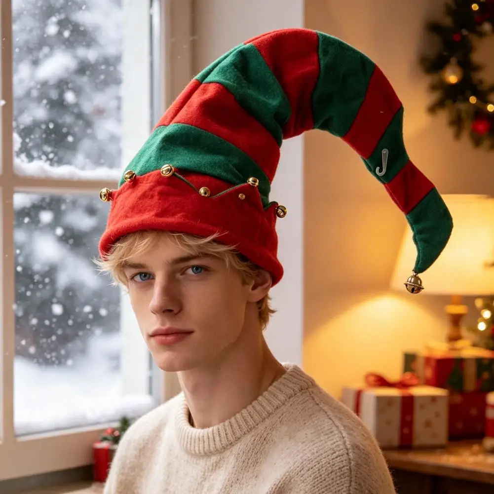 Christmas Elf Pointed Hat, Striped Elf Hat with Pompom or Bells Elf Cosplay Hat for Adults Christmas Gift for Friends