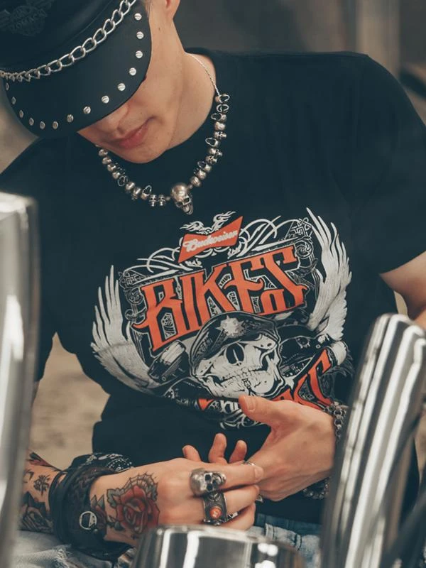 2026 summer Retro Street Trend Brand Goth Skull Men Rock Personality Exaggerated Street Shot Short-sleeved T-shirt
