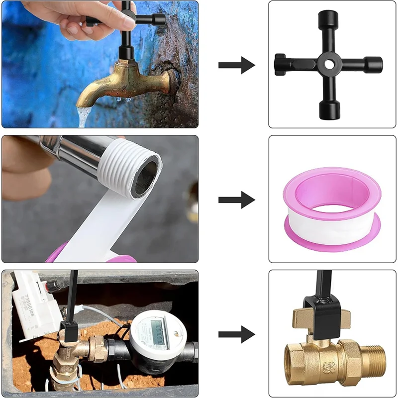 AT05-Water Meter Key With 4-Way Utility Key Water Shut Off Tool Valve Shutoff Key Tool For Main Water Meter