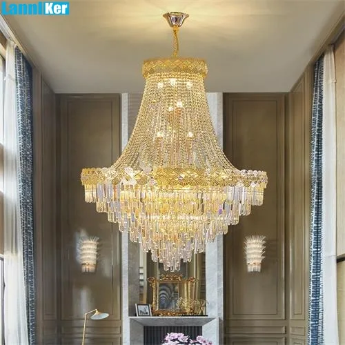 Luxo Crystal Gold Long Chandeliers, Stair Lamp, Duplex Living Room Pendant Light, Grande Crystal Stair Maior Lustre para Villa Hall