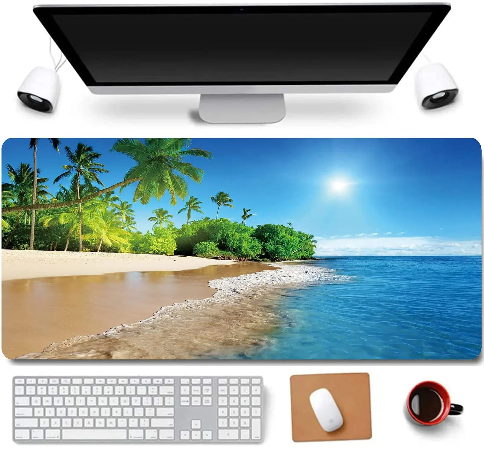 Tropical Palm Sea Beach View Mouse Pad Non-Slip Large Gaming Mouse Pad with Stitched Edges XL Laptop Keyboard Mouse Mat Desk Pad