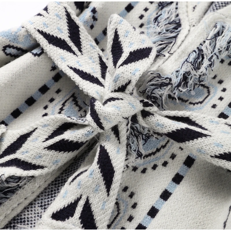 Knitted Jacquard Tassels Patchwork Cardigans Women Sweaters Long Sleeve V-neck Thicken Vacation Sweater 2025 Autumn Coats Tops