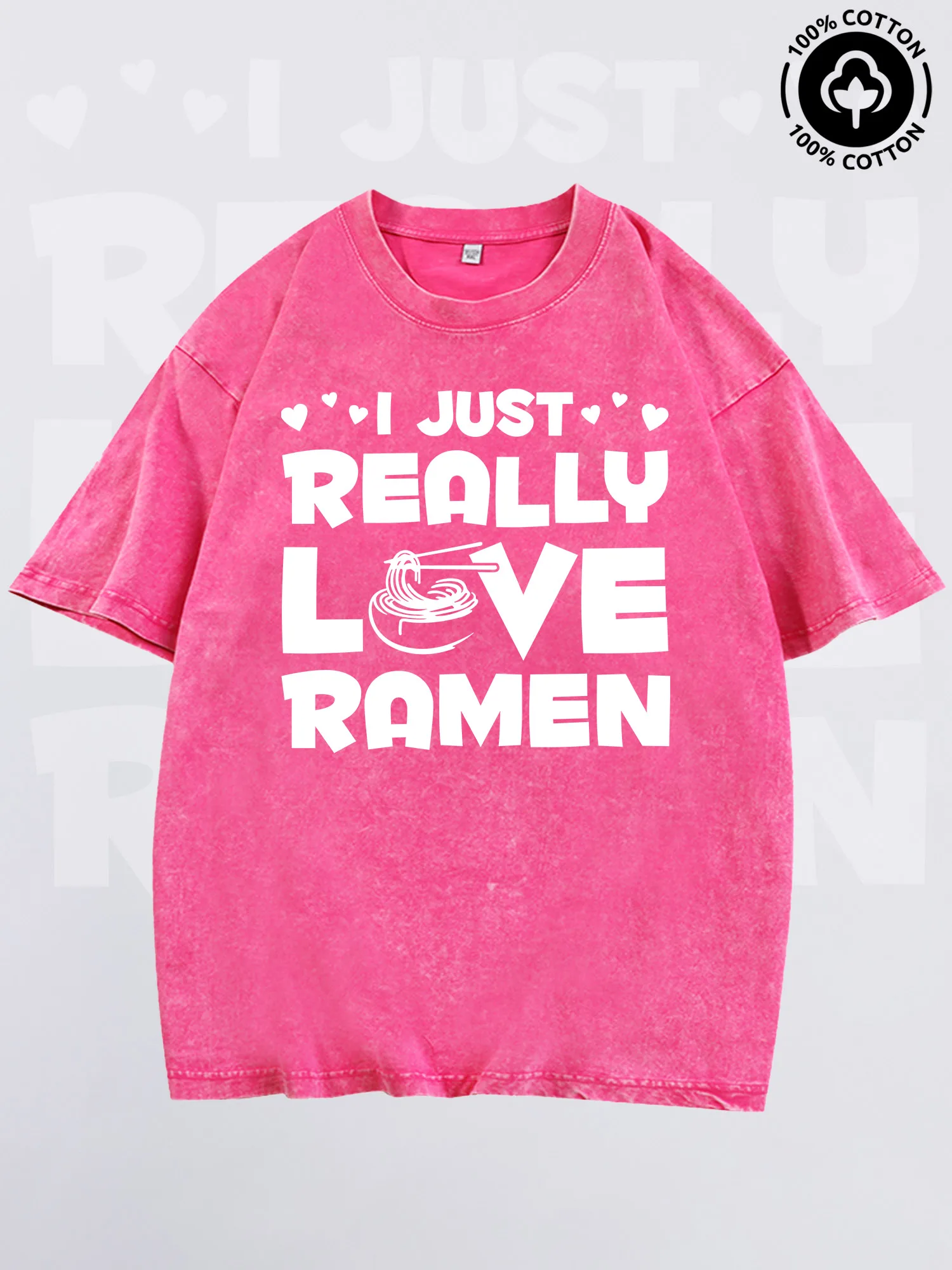 I Just Really Love Ramen Men's Graphic Tee, Pure Cotton Vintage Pink T-Shirt, Lightweight Drop Shoulder Tee