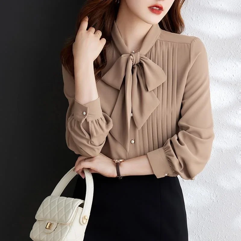 

Woman Spring Autumn Style Blouses Shirts Lady Casual Long Sleeve Bow Tie Collar Solid Color Blusas Tops