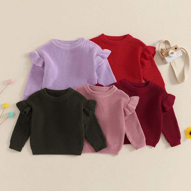 

Baby Girls Casual Sweaters Newborn Solid Ruffles O-neck Loose Knitted Pullover Loose Warm Sweaters Clothes