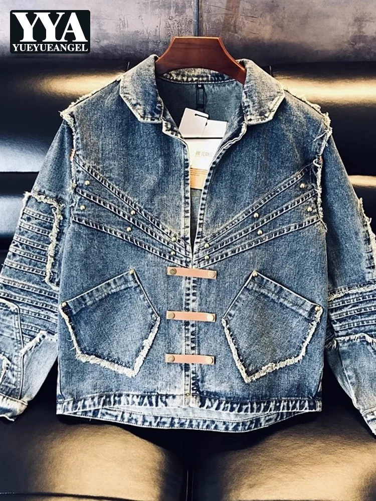 

High Street модные заклепки винтажные лоскутные мужские синие джинсовые куртки верхняя одежда с отложным воротником однобортное свободное ковбойское пальто