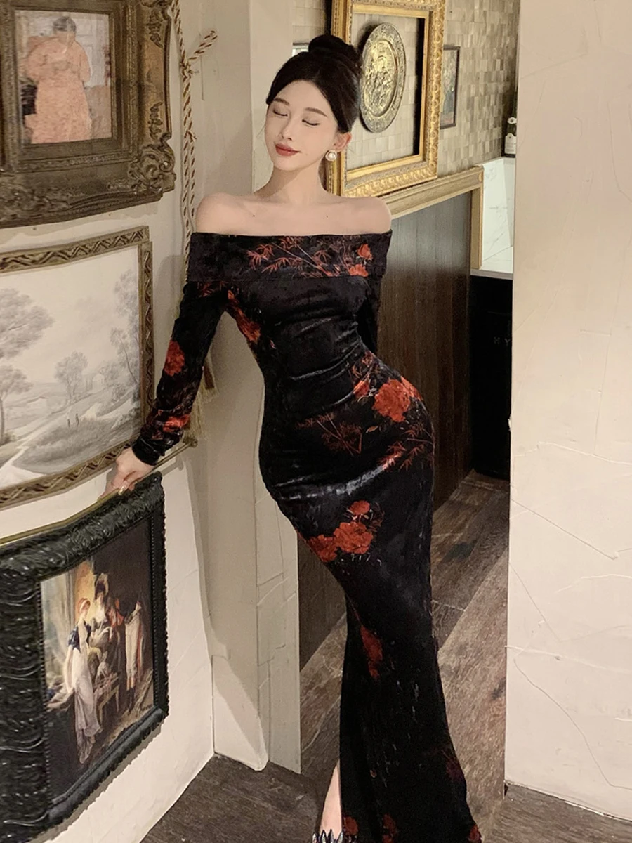 

Сексуальное длинное облегающее платье на одно плечо с бархатным принтом Све Све Dr в стиле ретро, женственное облегающее платье с талией для свиданий и встреч