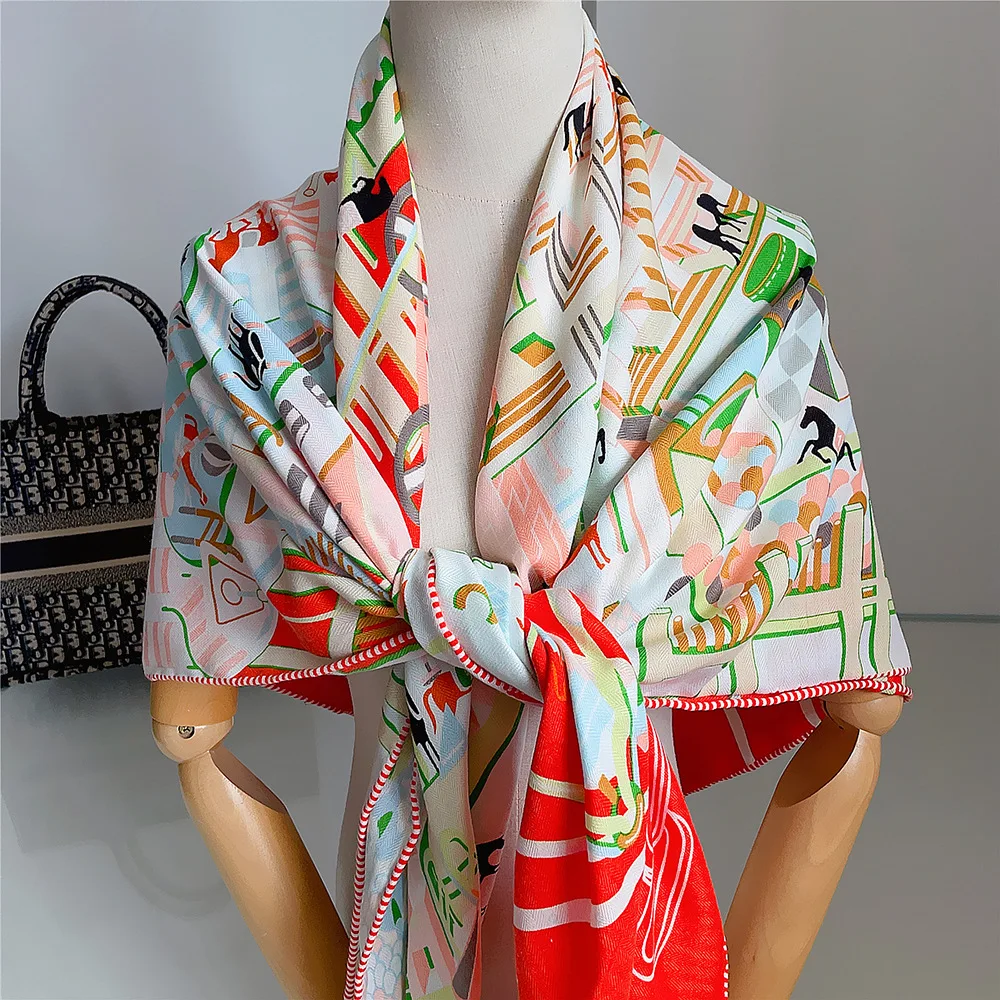 Horse Club Cashmere Silk Scarf Luxury Designer Accurate Hem Shawl Women Warm Soft Winter Large Accessories Decoration 135cm