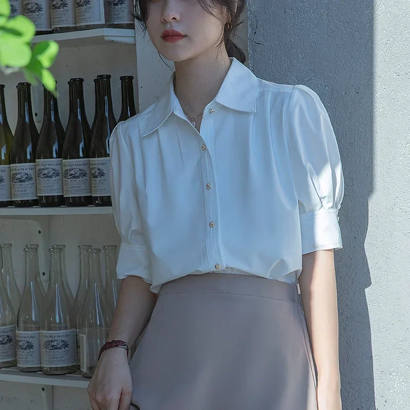 New summer fashion woman blouse 2025 Bubble sleeved short sleeved French commuting style shirts and blouses for women